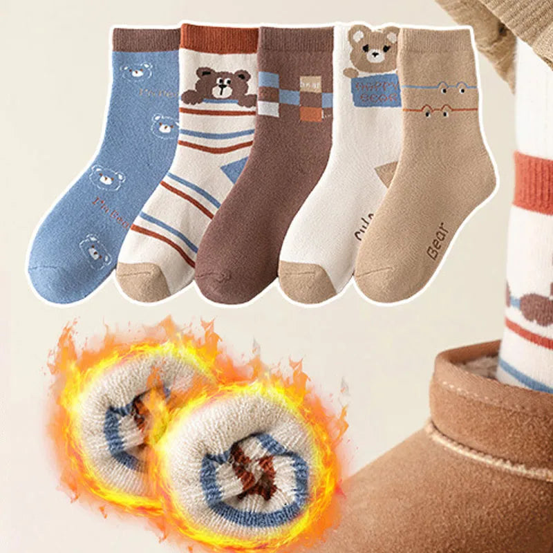 5 pairs of thick socks for girls in winter, medium to large-sized long tube looped socks with fleece added