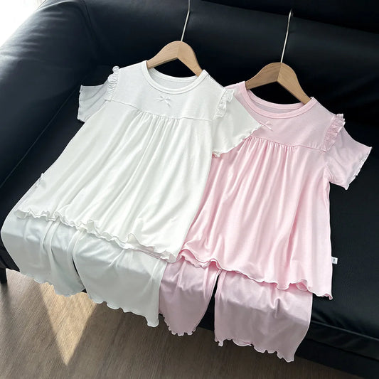 Girls' Short Sleeved Pajamas Home Clothes Set Modal Spring and Summer Thin Edition Children's Air Conditioning Lace Princess