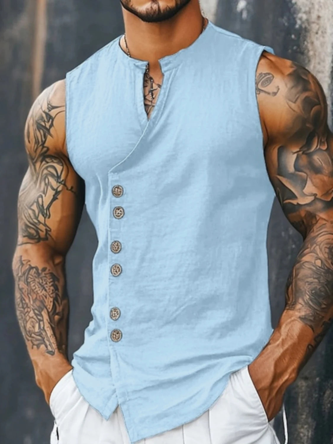 Mens Beach Vacation Linen Look 2 Piece Set, Sleeveless Stand Collar Vest & Side Button Wide Leg Trousers, Breathable Casual Summ