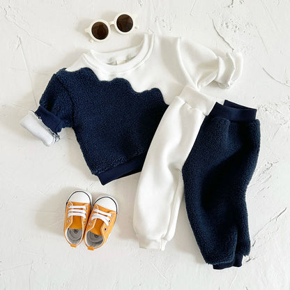 2Pcs Baby Boys Clothes New Casual Wear Lamb Wool Children Clothes Long Sleeves Sweatshirt Top Pants Color Block Kids Clothes