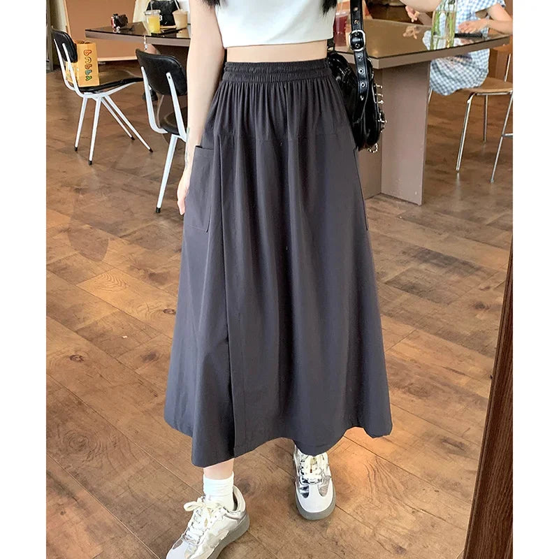 Girls Chic Elastic High Waisted Long Pants Lady Comfortable Wide Leg Trousers Women Korean Fashion Solid Color Slacks