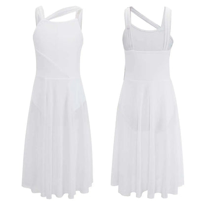 Girls Lyrical Cut Out Front Tulle Dance Dress Gymnastics Training Leotard Modern Contemporary Dancewear Costume