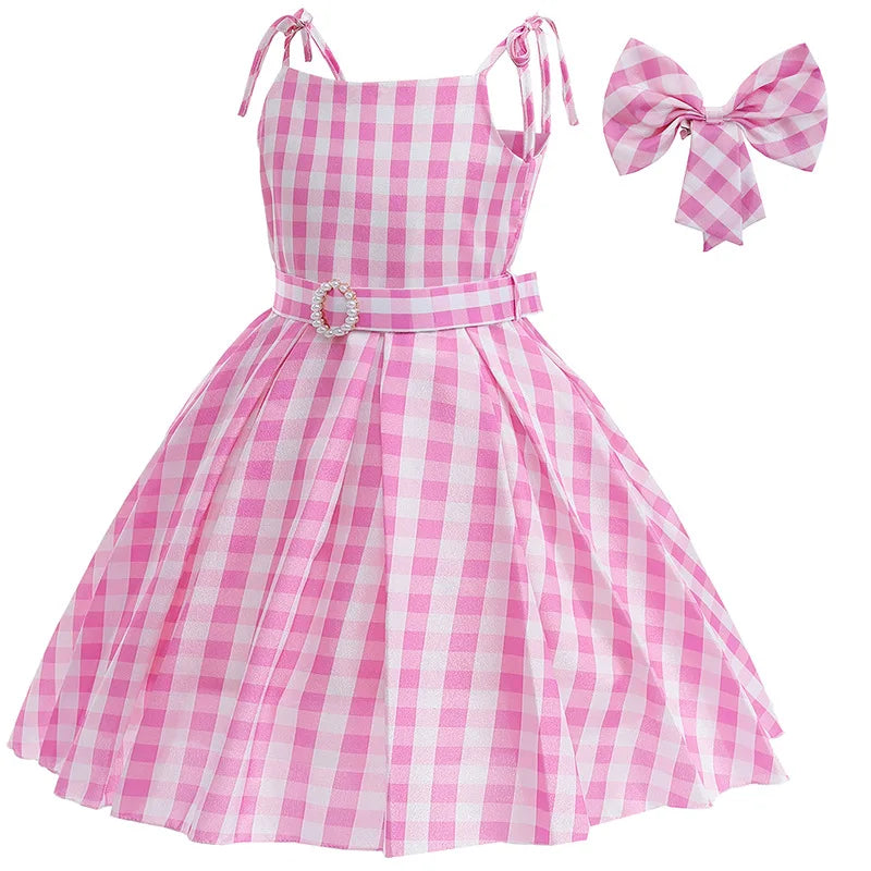 Girls' Summer Off Shoulder Dress with Belt Suitable For Female Pink Plaid Frock Kid Christmas And Halloween Role-Playing Costume