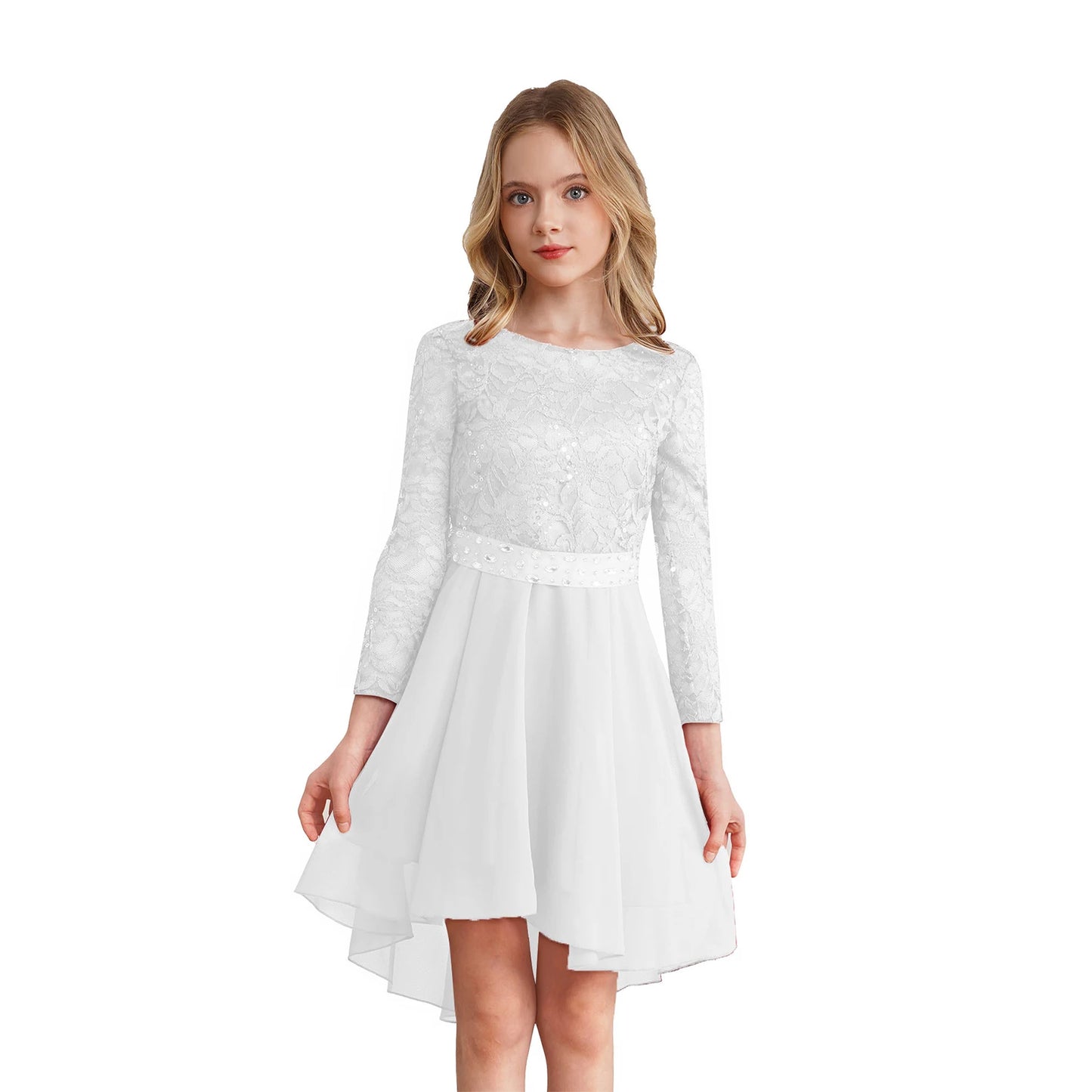 Teen Girls Elegant Scoop Neck Floral Lace Formal Wedding Party Dress Flower Girls Long Sleeve High-Low Chiffon Bridesmaid Dress