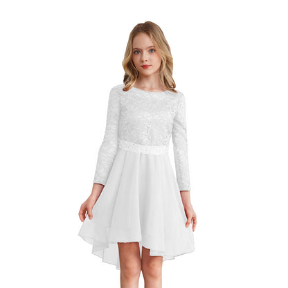 Teen Girls Elegant Scoop Neck Floral Lace Formal Wedding Party Dress Flower Girls Long Sleeve High-Low Chiffon Bridesmaid Dress