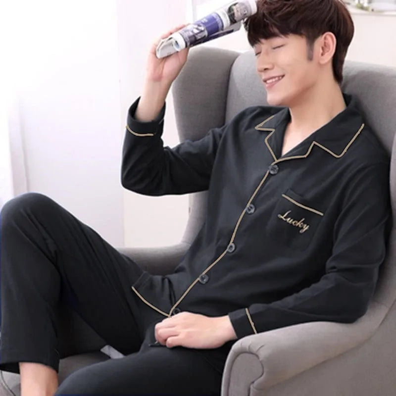 Pajamas Men's Long-Sleeved Spring and Autumn Men's Thin Youth Loose Home Clothes Two-Piece Suit