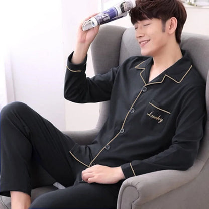 Pajamas Men's Long-Sleeved Spring and Autumn Men's Thin Youth Loose Home Clothes Two-Piece Suit