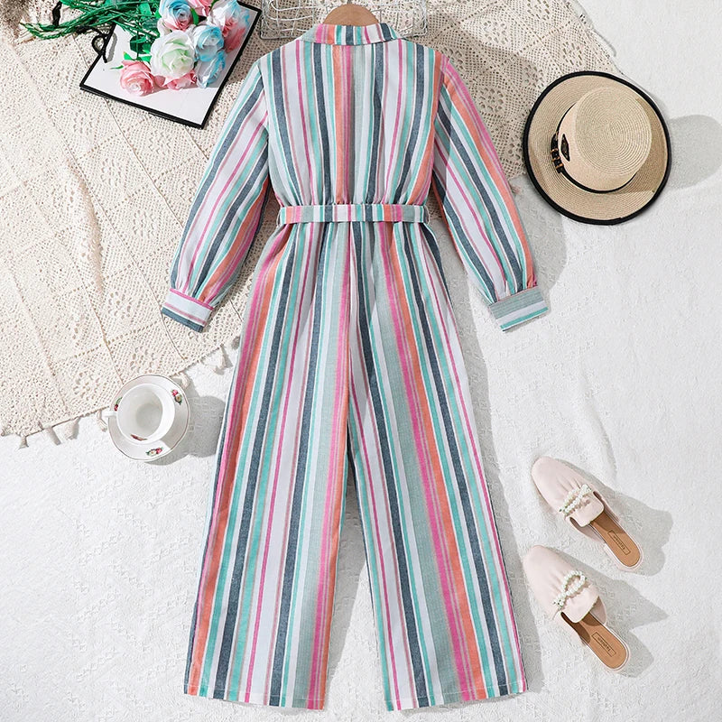 Girls 8-12 fashion jumpsuit, striped shirt-style romper with wide legs, lightweight and stylish for school and outdoor wear