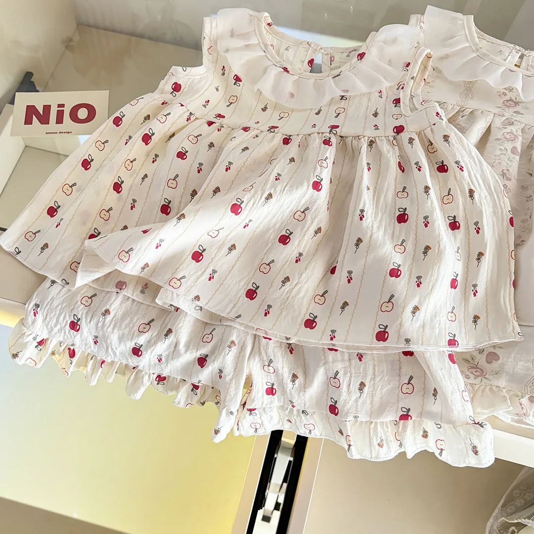 Baby Girls’ 2-Piece Summer Outfit – Sleeveless Floral Top & Cloud-Trim Skirt Lightweight Princess-Style Set Toddler Girl Clothes
