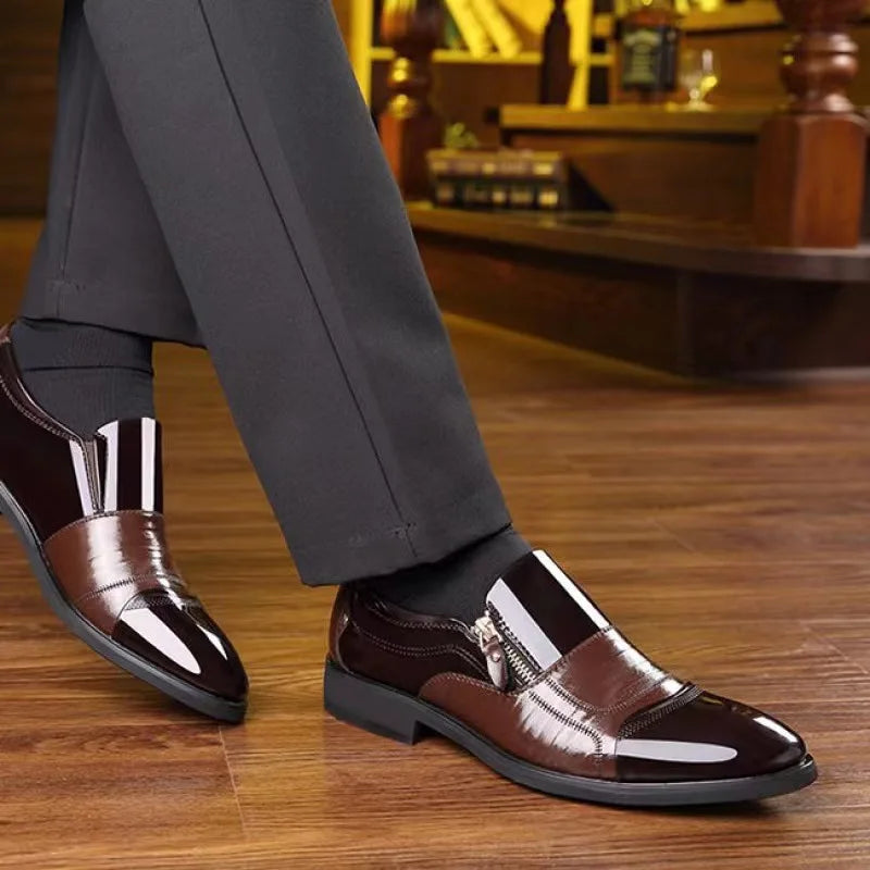 2025Men's Leather Shoes Sharp Pointed Outdoor Anti Slip Flat Fashion Business Zipper Footwear Casual Comfort Male Shoes