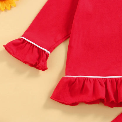 Baby Girls Pyjama Sets Cotton Long Sleeve Lapel Ruffle Hem Buttons Red Tops Pants Suit 2pcs Pjs for Toddler Girls Clothes