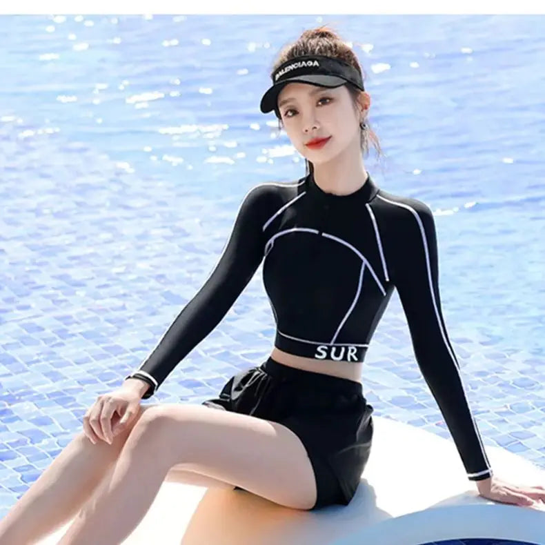 Summer New Girls Swimwear High-waist Split Boxer Briefs Long-sleeved Sun Protection and Flesh-covering Beach for Small People