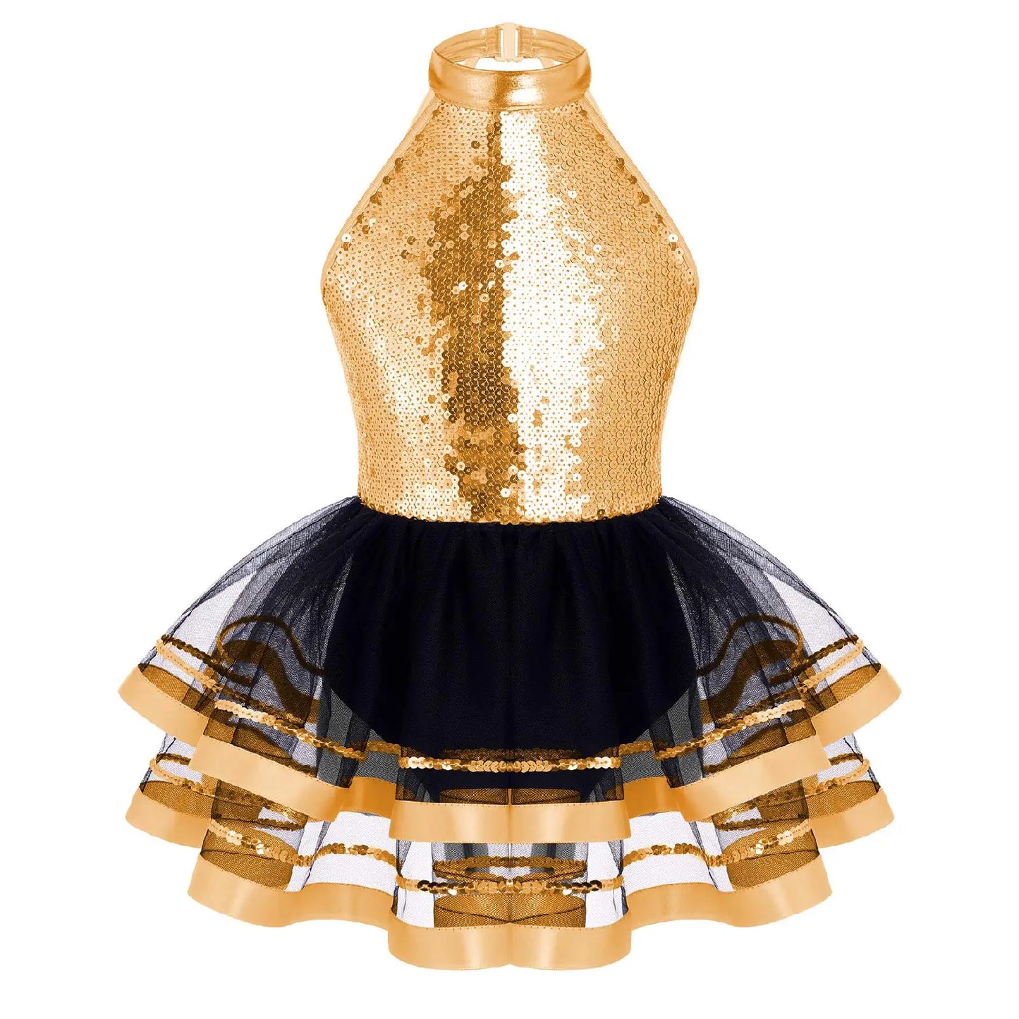 Girls Teens Shiny Sequin Tulle Dress for Ballet Latin Jazz Lyrical Dance Dresses Sleeveless Halter Neck Leotards Tutu Dress