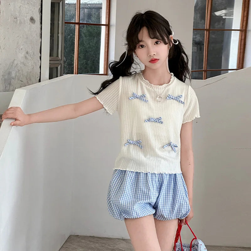 Teen Girls Clothing Sets of Clothes for Fitness Summer Outfit Korean Kids Clothing for Child Brief T-shirt Shorts 2PCS Suit 5-14