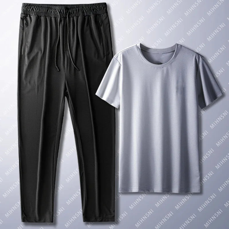 Summer Sports Suit Men's Trendy Short Sleeved Pants Two-piece Set Solid Color Casual Ice Silk Mesh Air-conditioned Pants for Men