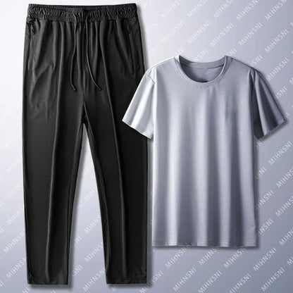 Summer Sports Suit Men's Trendy Short Sleeved Pants Two-piece Set Solid Color Casual Ice Silk Mesh Air-conditioned Pants for Men