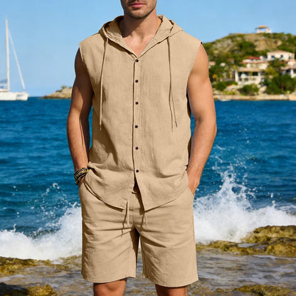 Men's two-piece linen hooded set sleeveless cardigan hoodie & knee-length shorts suitable for casual summer beachwear