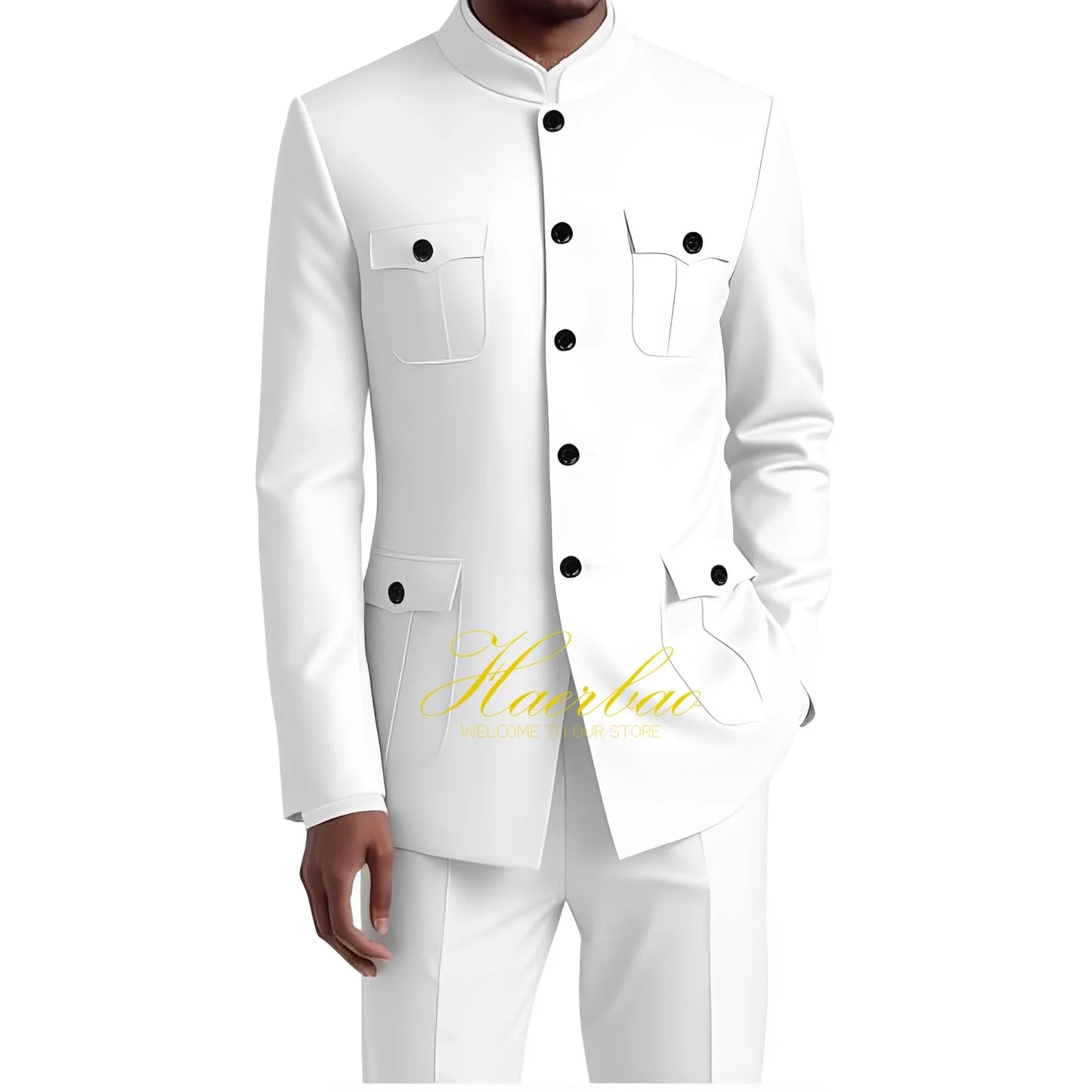 Men's Chinese Tunic Suit Formal 2 Piece Suits for Men Collar Jacket Slim Fit 4 Pocket Blazer Wedding Men Suits Tuxedo