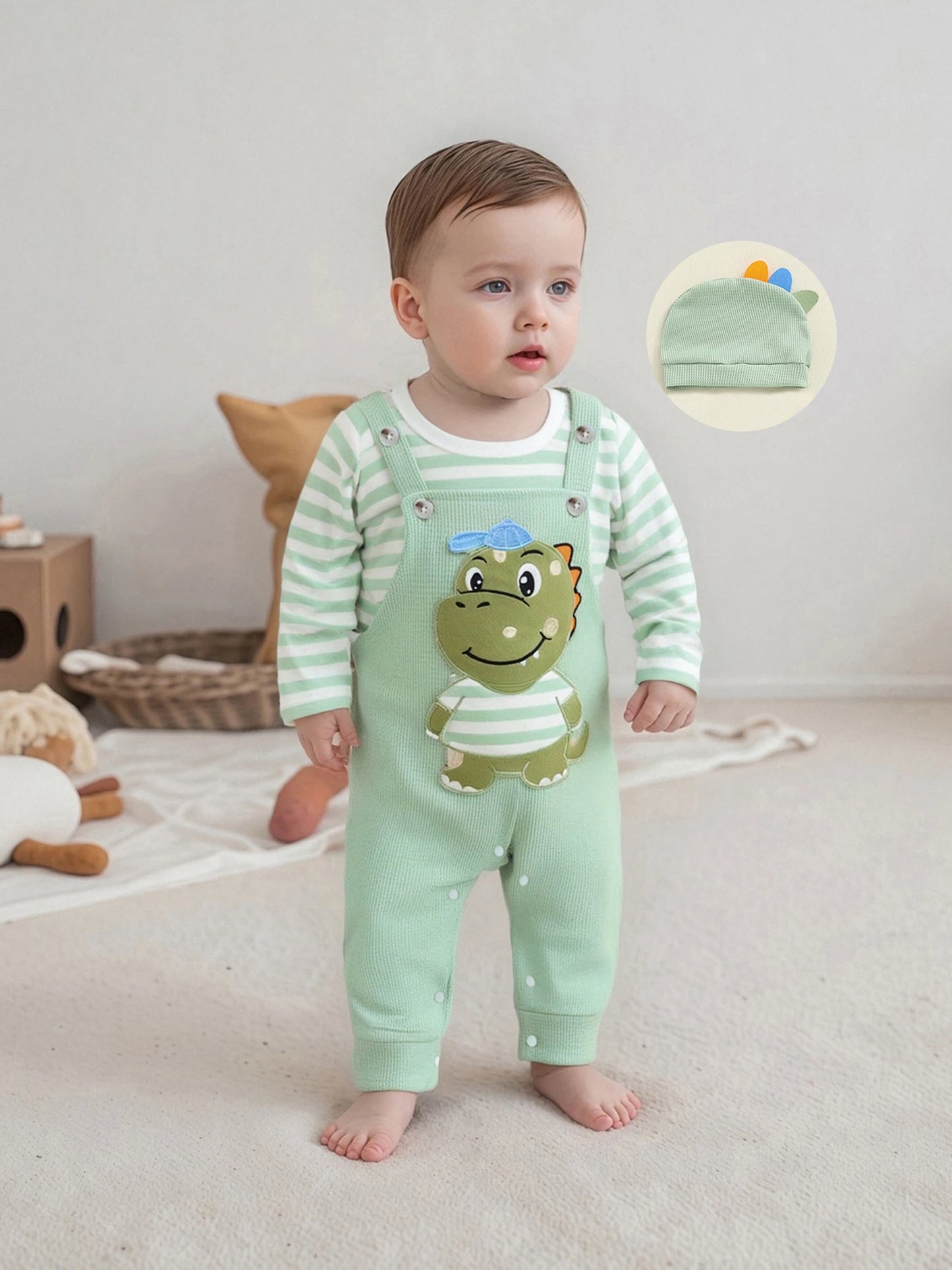 Infant Newborn Baby Boys 3Pcs Outfit Cute Baby Clothes Long Sleeve Striped Romper Animal Embroidery Overalls Hat