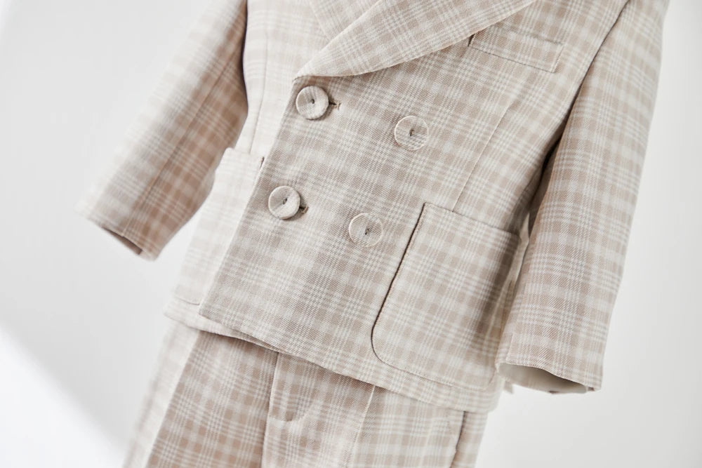 Baby Photograph Boys Suit Children Clothes Set Spring Khaki Lattice Birthday Dress Kids costume Tuxedo Coat+Shorts With Strap