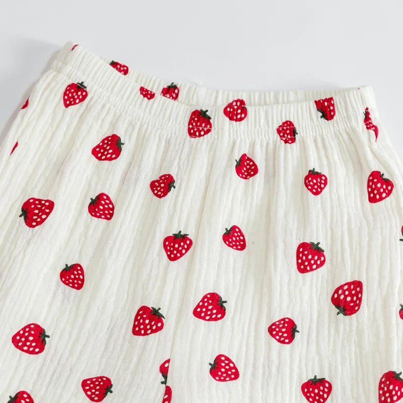 Baby Girl Cotton Sleepwear Infant Toddler Lace Strawberry Print Pajamas Set Homesuit Spring Autumn Nightwear Baby Clothes 1-7Y