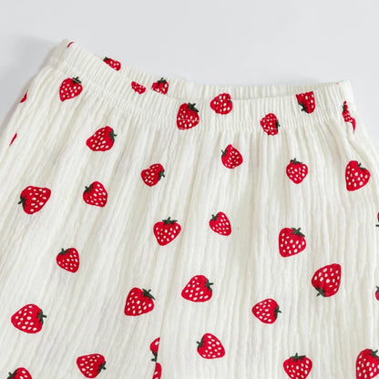 Baby Girl Cotton Sleepwear Infant Toddler Lace Strawberry Print Pajamas Set Homesuit Spring Autumn Nightwear Baby Clothes 1-7Y