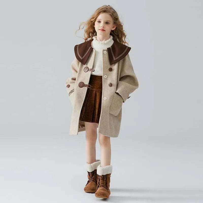 Winter Beige Thick Long Jackets Little Kid's Girls Coat Breasted Woolen Overcoat Cotton Trench Jackets Teenage Girl Coat 2-16Y