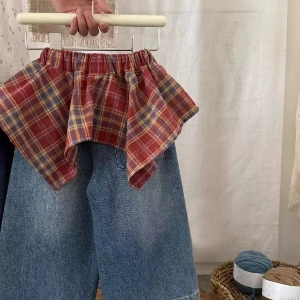 Girls' Pants 2025 New Stylish Little Girl Super Good-looking Retro Red Checkered Lace Up Fart Curtain Denim Skirt Pants