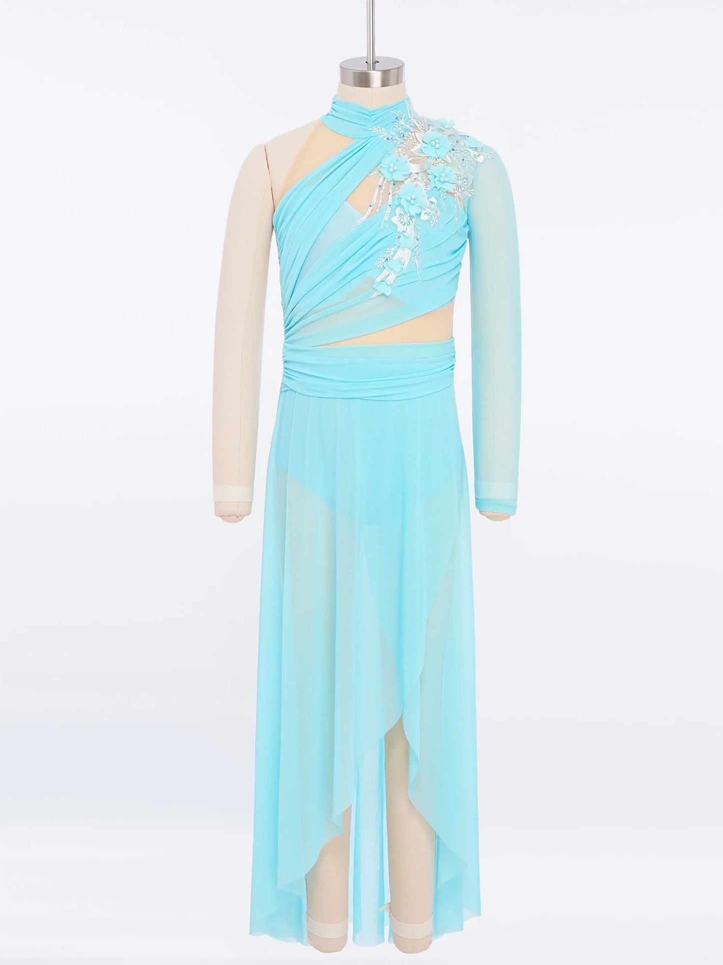 Kids Girls Modern Lyrical Dance Dresses Delicate Applique Keyhole Back Side Split Irregular Hem Asymmetrical Ruched Mesh Dress