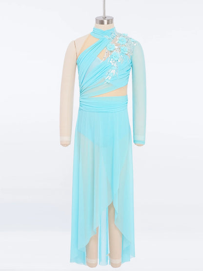 Kids Girls Modern Lyrical Dance Dresses Delicate Applique Keyhole Back Side Split Irregular Hem Asymmetrical Ruched Mesh Dress
