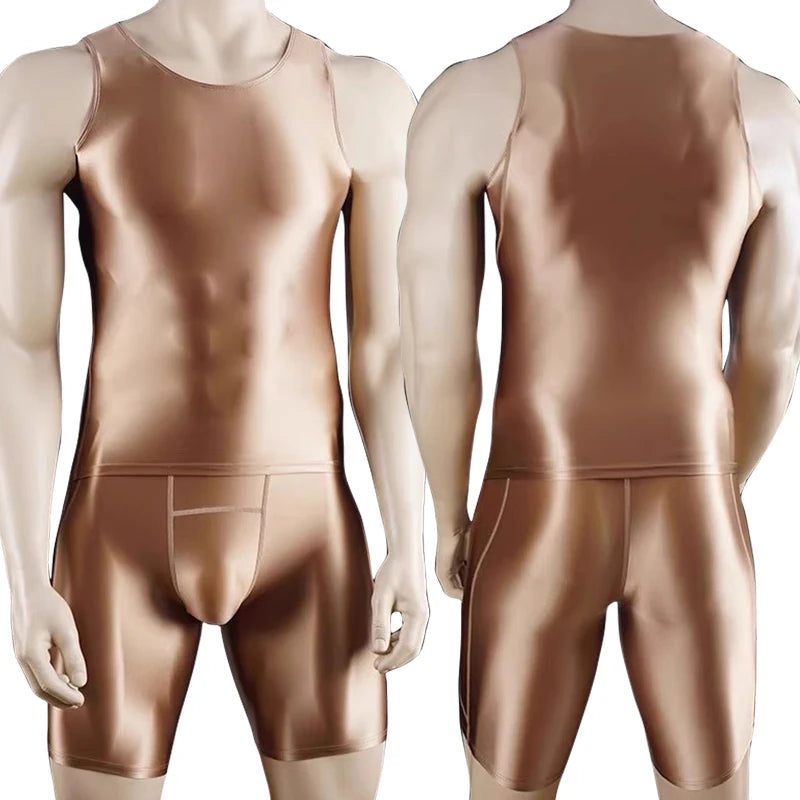 Men Thin Fitness vest Tights suit Slim Bottoms Satin Glossy Leggings Streetwear Athletic Shorts Quick-drying Compression Pants
