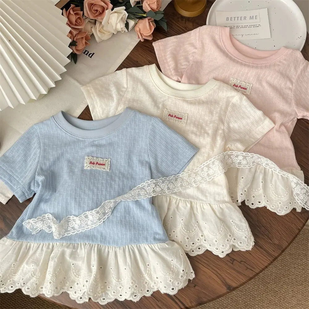 Girls' T-Shirt Summer 2026 New Lace Short Sleeve T-Shirt Blouse Underwear Children's Fashion Comfortable Top