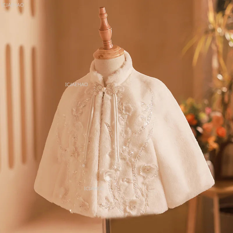 Girls Costumes Winter Warm Thick Shawl White Bridal Pageant Fashion Show Outerwear Kids Clothes Children Flower Girl Wedding