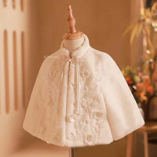 Girls Costumes Winter Warm Thick Shawl White Bridal Pageant Fashion Show Outerwear Kids Clothes Children Flower Girl Wedding