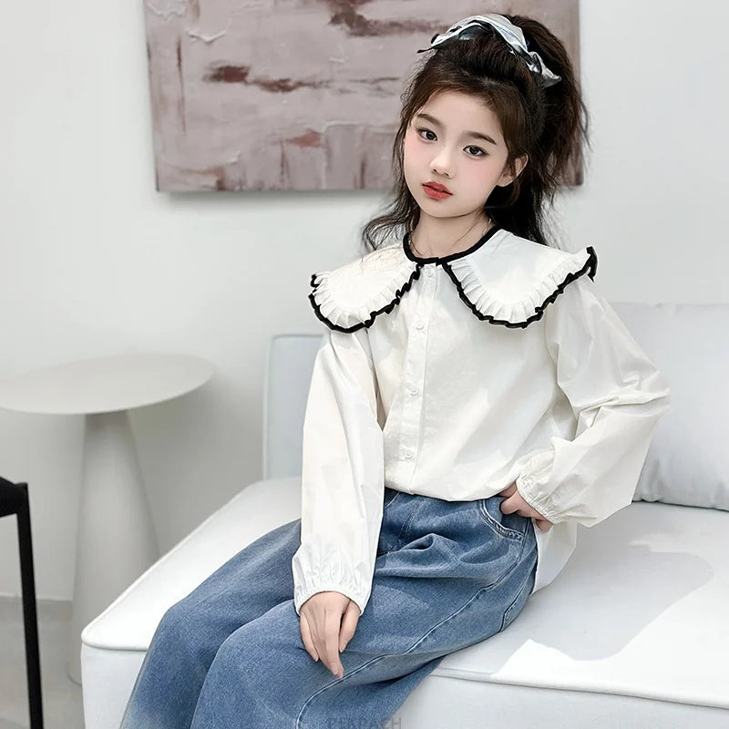 New Fashion Kids Long Sleeve Blouse With Big Collar For School Girls Trendy Outfit Tops Teens Child White Shirt Clothes Costume