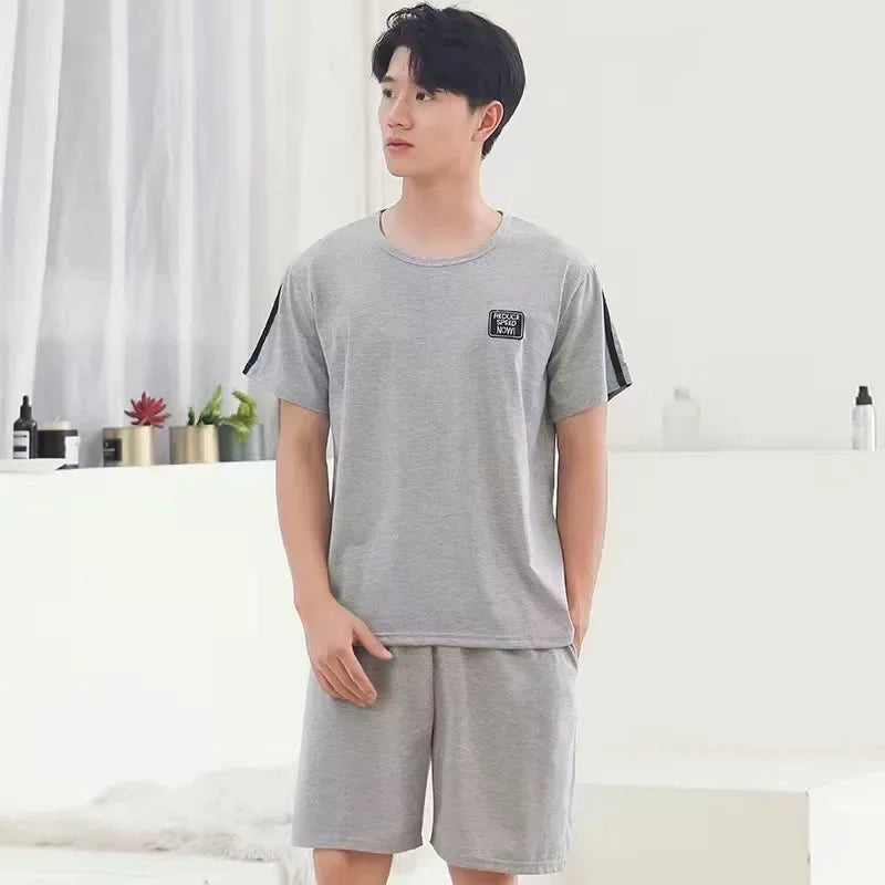 Men Pajama Set Cotton Short Sleeve Shorts Casual Striped Nightwear Loungewear Two-Piece Set Plus Size Summer Man Sleepwear