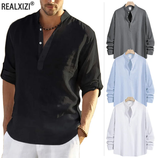 Men's Beach Hawaiian Shirts Solid Color Casual Streetwear Breathable Lightweight Shirts Long Sleeve Henley Cotton Linen Shirts