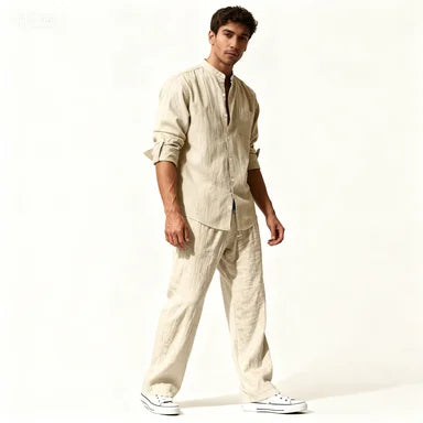 Fall Men's Cotton and Linen Two-piece Set, Oversized Simple Versatile Long-sleeved Shirt + Pants Comfortable Linen Suit for Men