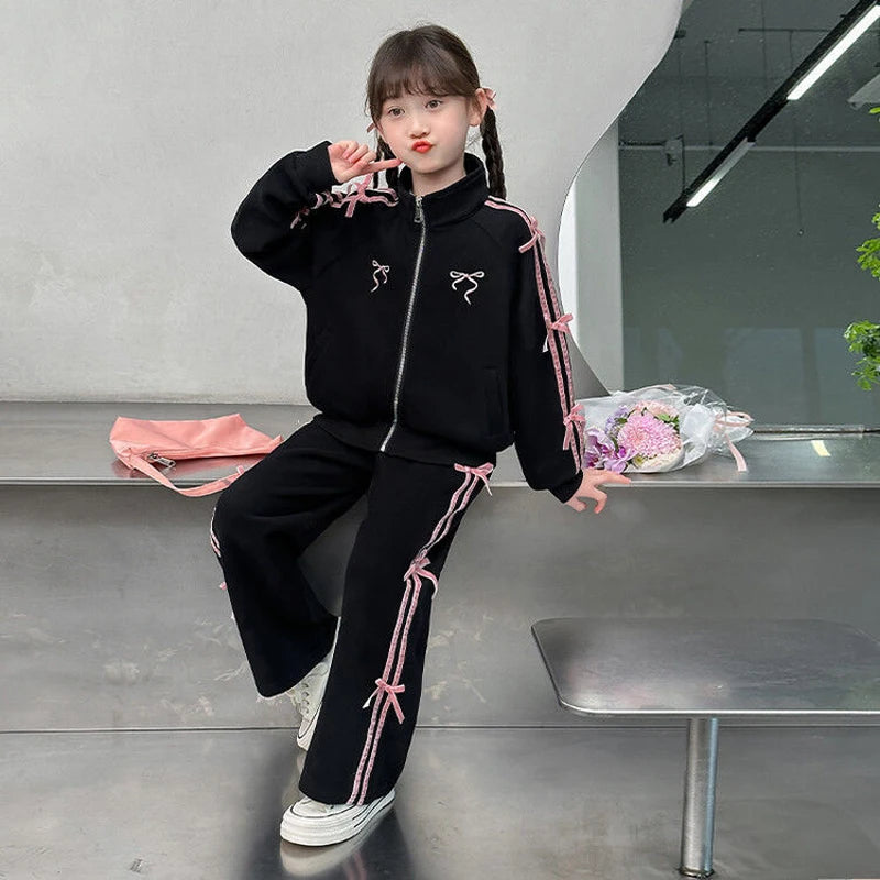 Teen Girls Clothing Set Spring Autumn Striped Bow Jacket+Pants 2Pcs Leisure Tracksuit for Kids Clothes For 5 6 8 10 12 14 Years