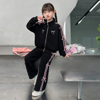 Teen Girls Clothing Set Spring Autumn Striped Bow Jacket+Pants 2Pcs Leisure Tracksuit for Kids Clothes For 5 6 8 10 12 14 Years