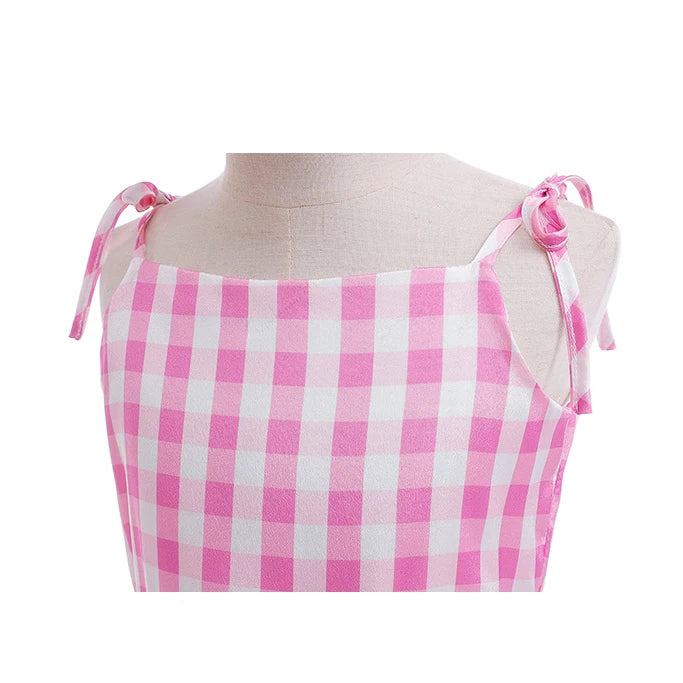 Girls' Summer Off Shoulder Dress with Belt Suitable For Female Pink Plaid Frock Kid Christmas And Halloween Role-Playing Costume
