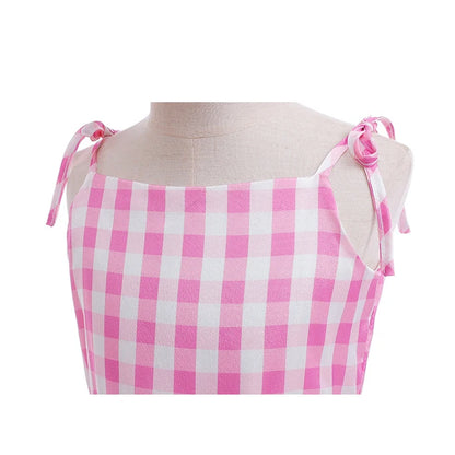 Girls' Summer Off Shoulder Dress with Belt Suitable For Female Pink Plaid Frock Kid Christmas And Halloween Role-Playing Costume