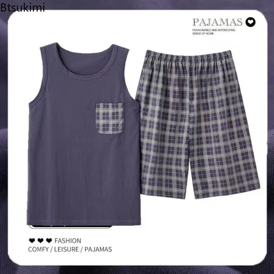 2026 New Men's Pajamas Sets Casual 100% Cotton Home Wear Sleeveless O-Neck Vest and Shorts Two Piece Sets Summer Couple Pajamas