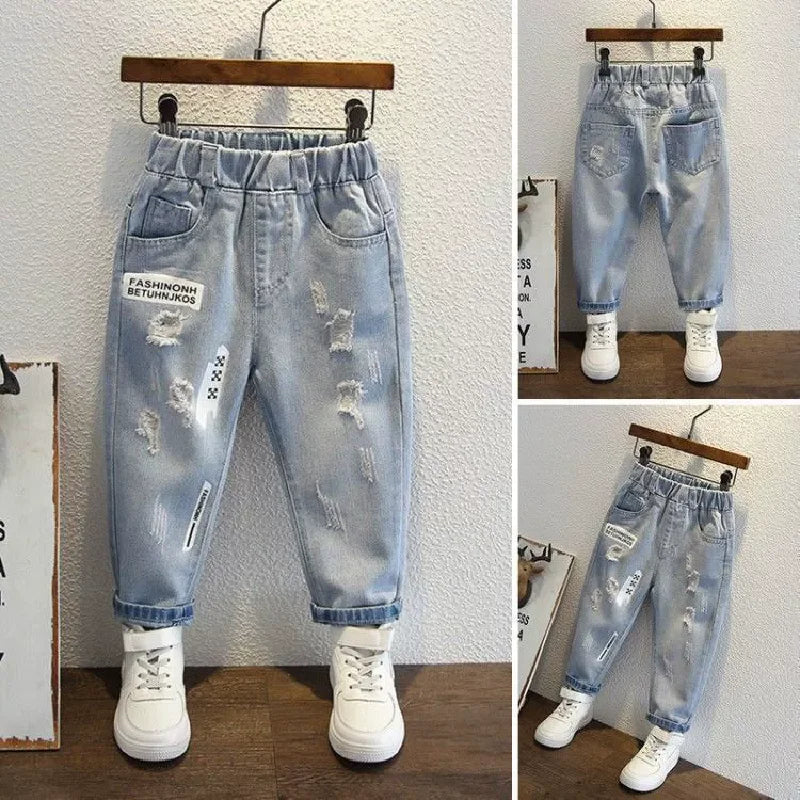 Boys Jeans Spring Autumn New Kids Hole Demin Pants Children Wear Teen Fashion Fit Long Pants Print Harlequin Trousers 3-12 Years