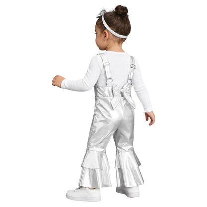 Baby Girls Clothes Birthday Party Metallic Bell Bottoms Romper Djustable Straps Bow Overalls with Headwear Photo Shoot Outfit