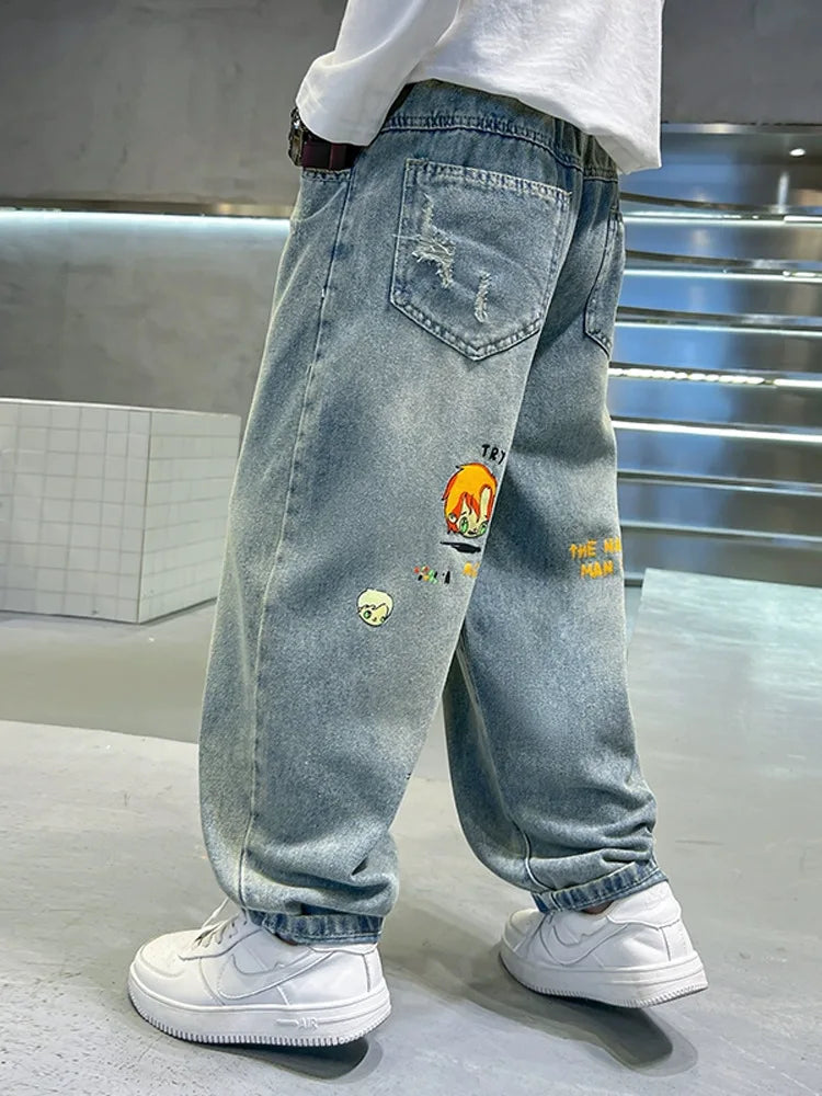Boys' Jeans 2026 Spring and Autumn Cartoon Children's Pants Fashionable Big Boys' Straight leg Pants Kids Hip Hop Pants 4-14Year
