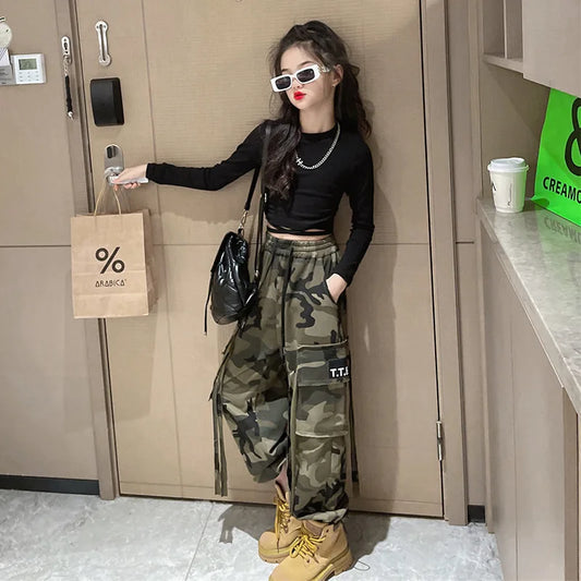 Girls Camouflage Pants Kids Fashion Casual High waisted wide leg pants 2026 Spring Fall ClothesTeen Girl Trousers 8 10 12 14Y