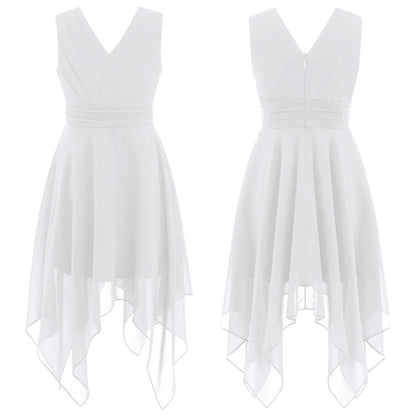 Teen Girls Elegant Scoop Neck Floral Lace Formal Wedding Party Dress Flower Girls Long Sleeve High-Low Chiffon Bridesmaid Dress