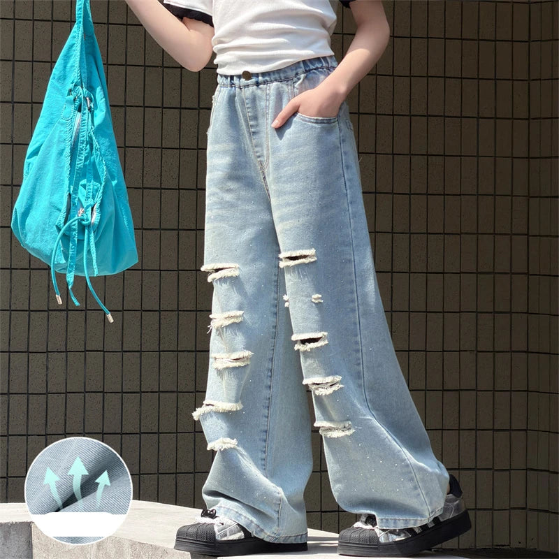Teenage Girls Cool Denim Pants for Summer Loose Rhinestone Jeans Casual Trousers With Hole Kids Elastic Waist Jeans 5 To 14Years