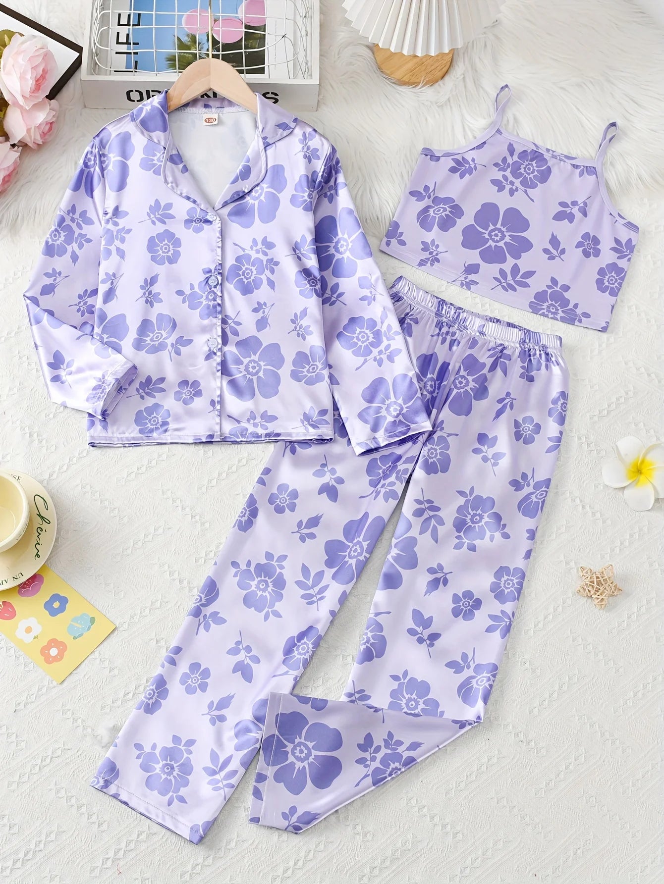 3-Piece Girls Purple Flower Print Satin Pajama Set - Comfortable Loungewear with Button Up Lapel Collar Blouse, Cami Top, Pants